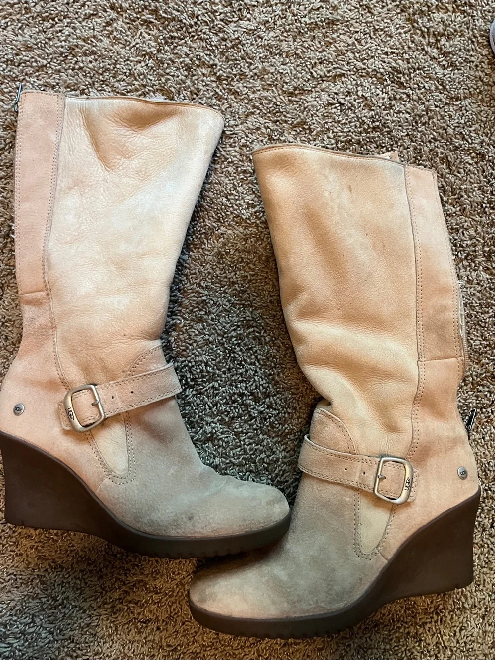 UGG Women's Beige Wedge Mid-Calf Buckle Boots